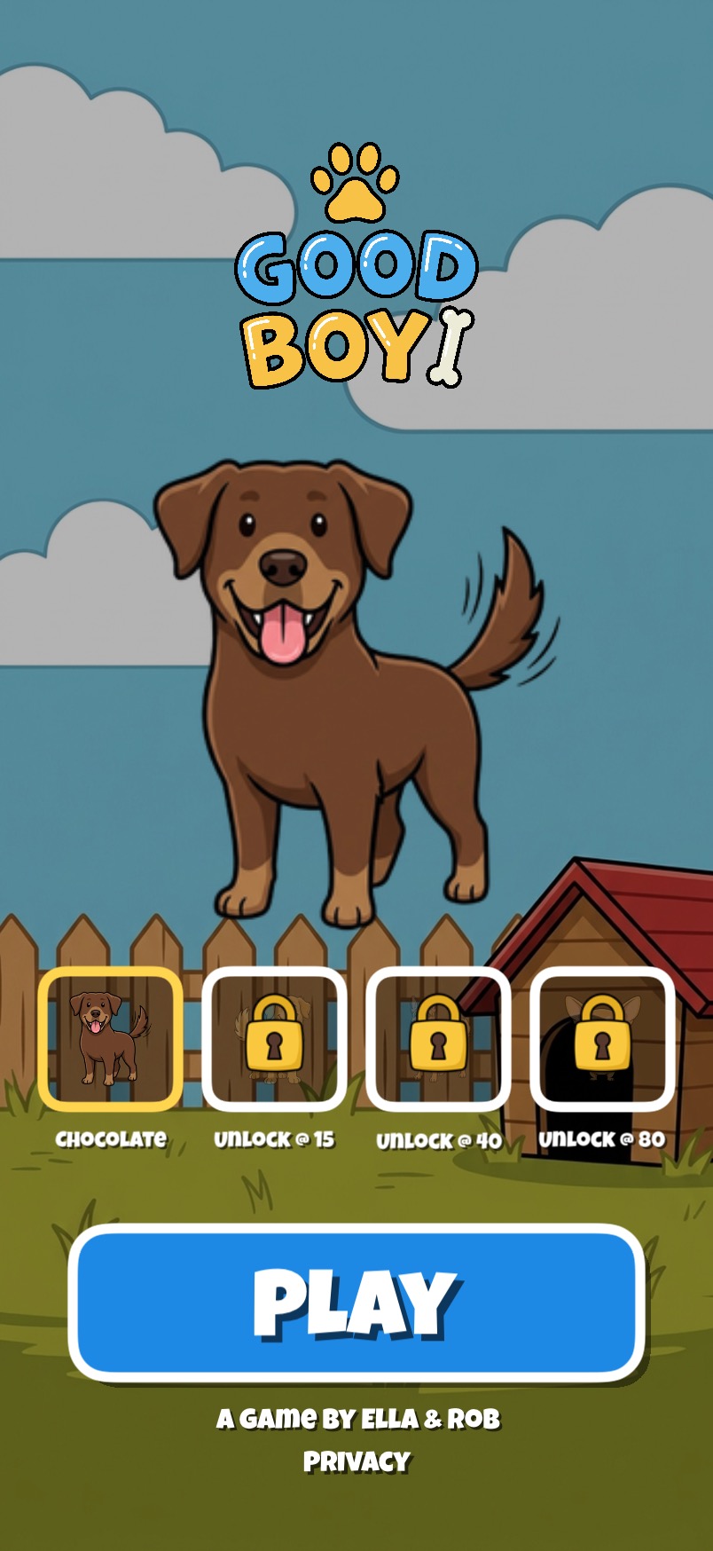 Good Boy! home screen with the updated logo, Chocolate Lab, and three locked dog breeds