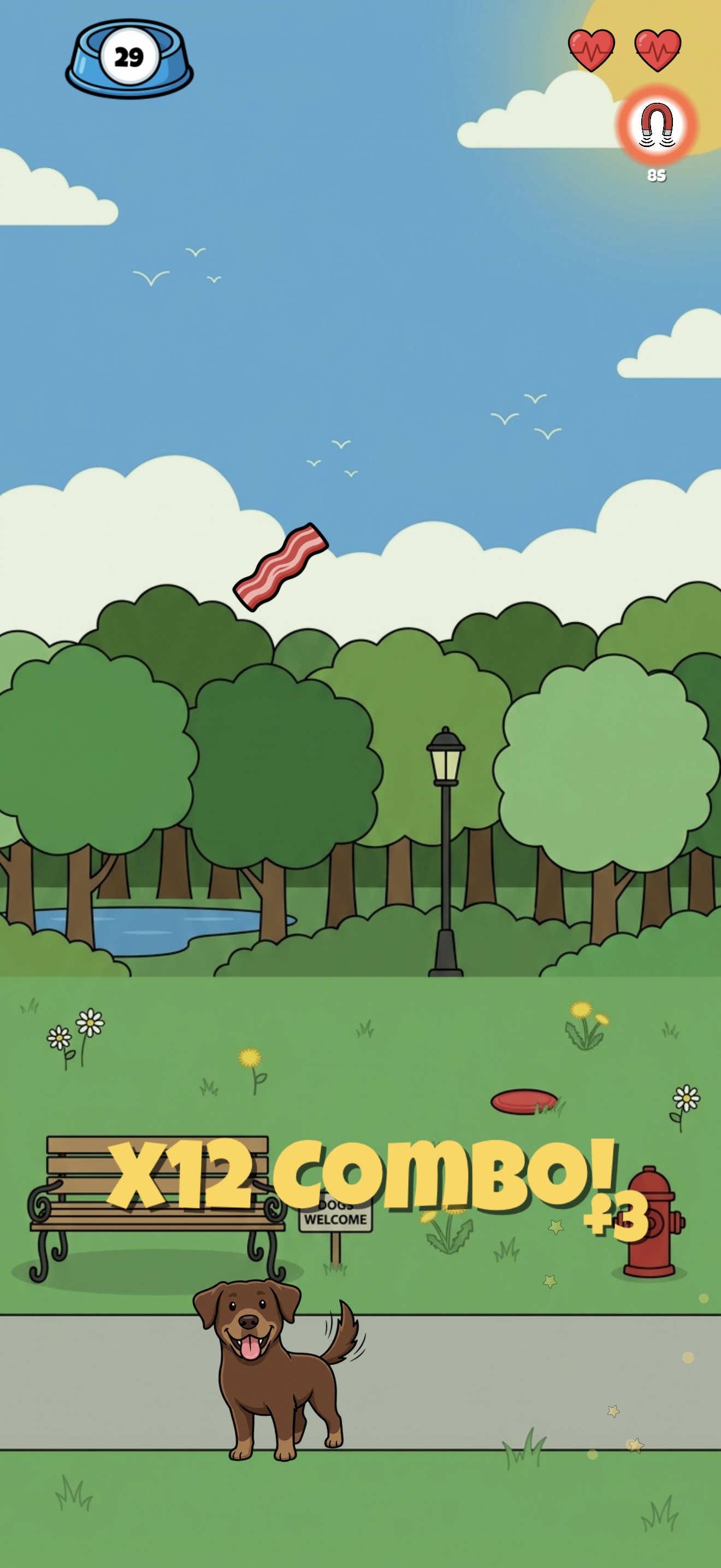 Chocolate Lab catching treats in the park with an active magnet power-up